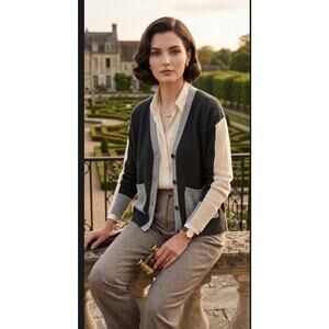 Tahari Colorblock Cardigan Womens XS Black Gray White Button Front Sweater